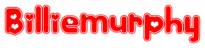 The image is a red and white graphic with the word Billiemurphy written in a decorative script. Each letter in  is contained within its own outlined bubble-like shape. Inside each letter, there is a white heart symbol.