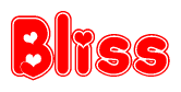 The image is a clipart featuring the word Bliss written in a stylized font with a heart shape replacing inserted into the center of each letter. The color scheme of the text and hearts is red with a light outline.