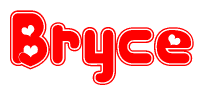 The image is a red and white graphic with the word Bryce written in a decorative script. Each letter in  is contained within its own outlined bubble-like shape. Inside each letter, there is a white heart symbol.