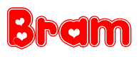 The image is a clipart featuring the word Bram written in a stylized font with a heart shape replacing inserted into the center of each letter. The color scheme of the text and hearts is red with a light outline.