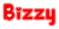 The image is a clipart featuring the word Bizzy written in a stylized font with a heart shape replacing inserted into the center of each letter. The color scheme of the text and hearts is red with a light outline.