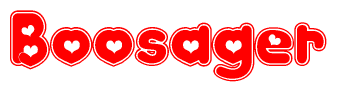 The image displays the word Boosager written in a stylized red font with hearts inside the letters.