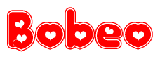 The image is a red and white graphic with the word Bobeo written in a decorative script. Each letter in  is contained within its own outlined bubble-like shape. Inside each letter, there is a white heart symbol.