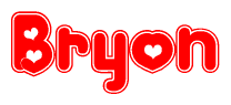 The image is a red and white graphic with the word Bryon written in a decorative script. Each letter in  is contained within its own outlined bubble-like shape. Inside each letter, there is a white heart symbol.