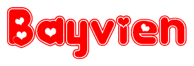 The image is a clipart featuring the word Bayvien written in a stylized font with a heart shape replacing inserted into the center of each letter. The color scheme of the text and hearts is red with a light outline.