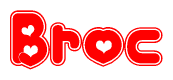 The image is a clipart featuring the word Broc written in a stylized font with a heart shape replacing inserted into the center of each letter. The color scheme of the text and hearts is red with a light outline.