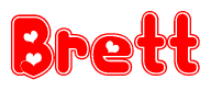 The image is a red and white graphic with the word Brett written in a decorative script. Each letter in  is contained within its own outlined bubble-like shape. Inside each letter, there is a white heart symbol.