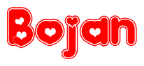 The image is a red and white graphic with the word Bojan written in a decorative script. Each letter in  is contained within its own outlined bubble-like shape. Inside each letter, there is a white heart symbol.
