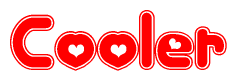 The image is a red and white graphic with the word Cooler written in a decorative script. Each letter in  is contained within its own outlined bubble-like shape. Inside each letter, there is a white heart symbol.