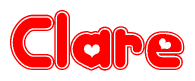 The image is a red and white graphic with the word Clare written in a decorative script. Each letter in  is contained within its own outlined bubble-like shape. Inside each letter, there is a white heart symbol.