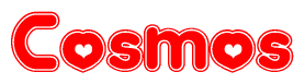 The image is a red and white graphic with the word Cosmos written in a decorative script. Each letter in  is contained within its own outlined bubble-like shape. Inside each letter, there is a white heart symbol.
