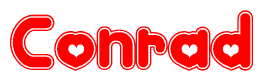 The image is a clipart featuring the word Conrad written in a stylized font with a heart shape replacing inserted into the center of each letter. The color scheme of the text and hearts is red with a light outline.