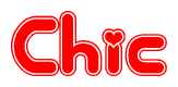 The image is a red and white graphic with the word Chic written in a decorative script. Each letter in  is contained within its own outlined bubble-like shape. Inside each letter, there is a white heart symbol.