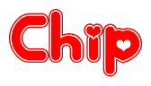 The image is a clipart featuring the word Chip written in a stylized font with a heart shape replacing inserted into the center of each letter. The color scheme of the text and hearts is red with a light outline.