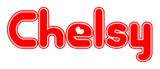 The image is a clipart featuring the word Chelsy written in a stylized font with a heart shape replacing inserted into the center of each letter. The color scheme of the text and hearts is red with a light outline.