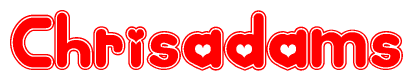 The image is a red and white graphic with the word Chrisadams written in a decorative script. Each letter in  is contained within its own outlined bubble-like shape. Inside each letter, there is a white heart symbol.