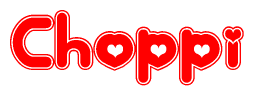 The image is a clipart featuring the word Choppi written in a stylized font with a heart shape replacing inserted into the center of each letter. The color scheme of the text and hearts is red with a light outline.
