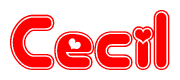 The image is a clipart featuring the word Cecil written in a stylized font with a heart shape replacing inserted into the center of each letter. The color scheme of the text and hearts is red with a light outline.