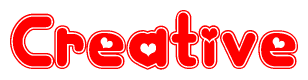 The image is a red and white graphic with the word Creative written in a decorative script. Each letter in  is contained within its own outlined bubble-like shape. Inside each letter, there is a white heart symbol.
