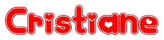 The image is a red and white graphic with the word Cristiane written in a decorative script. Each letter in  is contained within its own outlined bubble-like shape. Inside each letter, there is a white heart symbol.