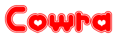 The image displays the word Cowra written in a stylized red font with hearts inside the letters.