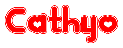 The image is a clipart featuring the word Cathyo written in a stylized font with a heart shape replacing inserted into the center of each letter. The color scheme of the text and hearts is red with a light outline.