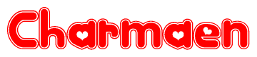 The image is a red and white graphic with the word Charmaen written in a decorative script. Each letter in  is contained within its own outlined bubble-like shape. Inside each letter, there is a white heart symbol.