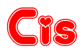 The image is a red and white graphic with the word Cis written in a decorative script. Each letter in  is contained within its own outlined bubble-like shape. Inside each letter, there is a white heart symbol.