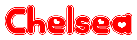 The image is a red and white graphic with the word Chelsea written in a decorative script. Each letter in  is contained within its own outlined bubble-like shape. Inside each letter, there is a white heart symbol.