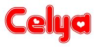 The image is a red and white graphic with the word Celya written in a decorative script. Each letter in  is contained within its own outlined bubble-like shape. Inside each letter, there is a white heart symbol.