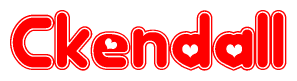 The image is a red and white graphic with the word Ckendall written in a decorative script. Each letter in  is contained within its own outlined bubble-like shape. Inside each letter, there is a white heart symbol.