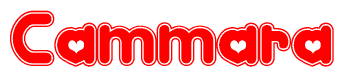 The image is a red and white graphic with the word Cammara written in a decorative script. Each letter in  is contained within its own outlined bubble-like shape. Inside each letter, there is a white heart symbol.