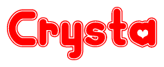 The image is a red and white graphic with the word Crysta written in a decorative script. Each letter in  is contained within its own outlined bubble-like shape. Inside each letter, there is a white heart symbol.