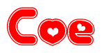 The image displays the word Coe written in a stylized red font with hearts inside the letters.