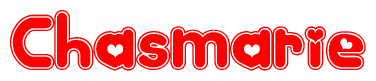 The image is a red and white graphic with the word Chasmarie written in a decorative script. Each letter in  is contained within its own outlined bubble-like shape. Inside each letter, there is a white heart symbol.