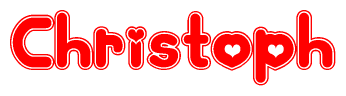 The image is a red and white graphic with the word Christoph written in a decorative script. Each letter in  is contained within its own outlined bubble-like shape. Inside each letter, there is a white heart symbol.