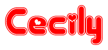 The image is a red and white graphic with the word Cecily written in a decorative script. Each letter in  is contained within its own outlined bubble-like shape. Inside each letter, there is a white heart symbol.