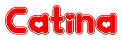 The image is a red and white graphic with the word Catina written in a decorative script. Each letter in  is contained within its own outlined bubble-like shape. Inside each letter, there is a white heart symbol.