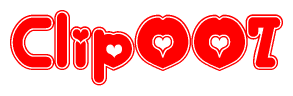 The image is a red and white graphic with the word Clip007 written in a decorative script. Each letter in  is contained within its own outlined bubble-like shape. Inside each letter, there is a white heart symbol.