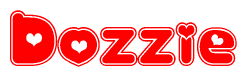 The image is a red and white graphic with the word Dozzie written in a decorative script. Each letter in  is contained within its own outlined bubble-like shape. Inside each letter, there is a white heart symbol.
