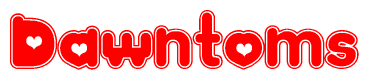 The image is a clipart featuring the word Dawntoms written in a stylized font with a heart shape replacing inserted into the center of each letter. The color scheme of the text and hearts is red with a light outline.