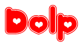 The image is a clipart featuring the word Dolp written in a stylized font with a heart shape replacing inserted into the center of each letter. The color scheme of the text and hearts is red with a light outline.