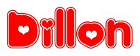 The image is a red and white graphic with the word Dillon written in a decorative script. Each letter in  is contained within its own outlined bubble-like shape. Inside each letter, there is a white heart symbol.