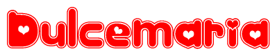 The image is a red and white graphic with the word Dulcemaria written in a decorative script. Each letter in  is contained within its own outlined bubble-like shape. Inside each letter, there is a white heart symbol.