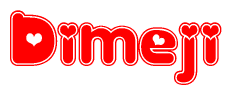 The image is a red and white graphic with the word Dimeji written in a decorative script. Each letter in  is contained within its own outlined bubble-like shape. Inside each letter, there is a white heart symbol.