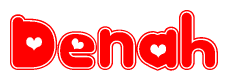 The image is a clipart featuring the word Denah written in a stylized font with a heart shape replacing inserted into the center of each letter. The color scheme of the text and hearts is red with a light outline.