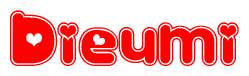 The image is a red and white graphic with the word Dieumi written in a decorative script. Each letter in  is contained within its own outlined bubble-like shape. Inside each letter, there is a white heart symbol.