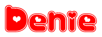 The image is a clipart featuring the word Denie written in a stylized font with a heart shape replacing inserted into the center of each letter. The color scheme of the text and hearts is red with a light outline.