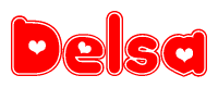 The image is a red and white graphic with the word Delsa written in a decorative script. Each letter in  is contained within its own outlined bubble-like shape. Inside each letter, there is a white heart symbol.