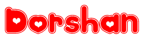 The image is a clipart featuring the word Dorshan written in a stylized font with a heart shape replacing inserted into the center of each letter. The color scheme of the text and hearts is red with a light outline.